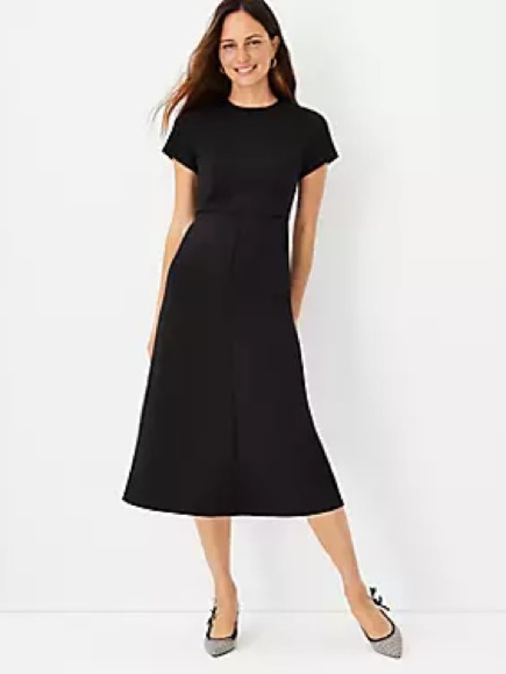 Ann Taylor Black Midi Dress with Short Sleeves